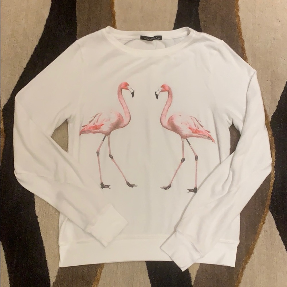 Wildfox pink flamingos white pullover